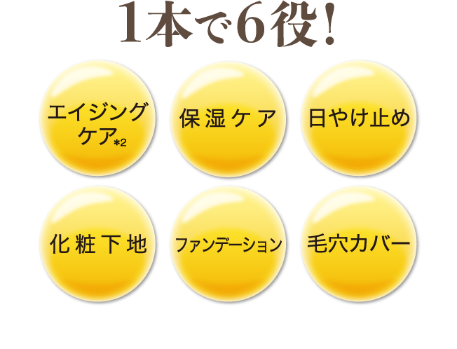 １つで６役　エイジングケア＊2　保湿ケア　日やけ止め　化粧下地　ファンデーション　毛穴カバー