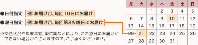 ・日付指定　例：お届け月、毎回10日にお届け　・曜日指定　例：お届け月、毎回第3火曜日にお届け　※交通状況や年末年始、繁忙期などにより、ご希望日にお届けができない場合がございますので、ご了承くださいませ。