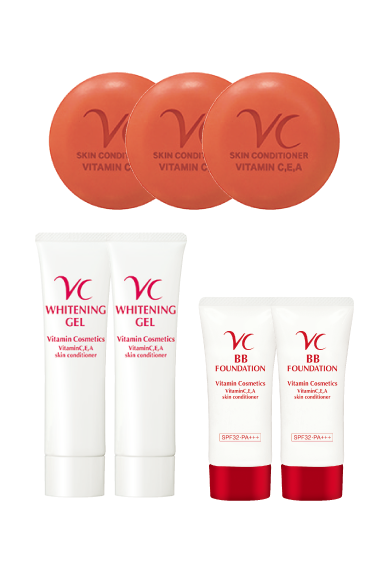 『VC石鹸』(60g)3個、『VC薬用シミ対策ジェル』(55g)2個、『VC BBファンデーション』(25g)2個の画像