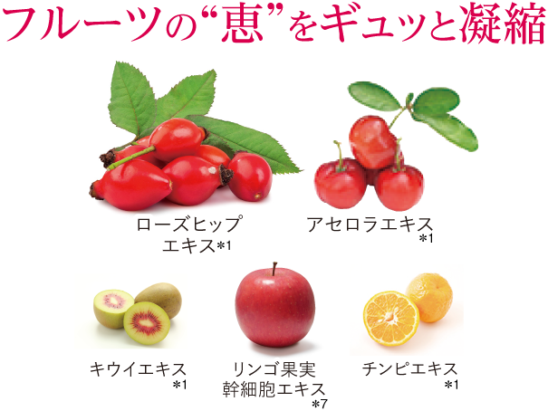 フルーツの“恵”をギュッと凝縮　ローズヒップエキス　アセロラエキス　キウイエキス　リンゴ果実幹細胞エキス　チンピエキス