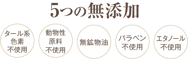 ５つの無添加　タール系色素不使用　動物性原料不使用　無鉱物油　パラベン不使用　エタノール不使用