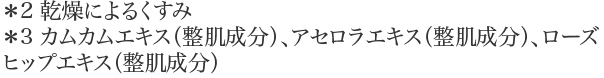 ＊2 乾燥によるくすみ ＊3 カムカムエキス（整肌成分）、アセロラエキス（整肌成分）、ローズヒップエキス（整肌成分）